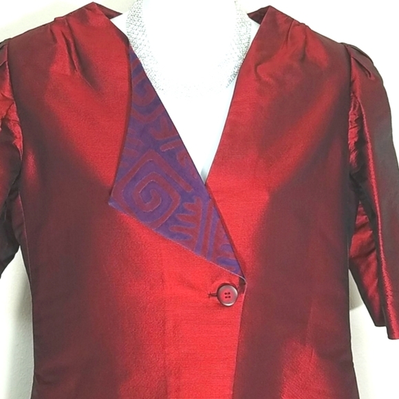 Vintage Dresses & Skirts - Dress coat geometric print red Burgandy satin